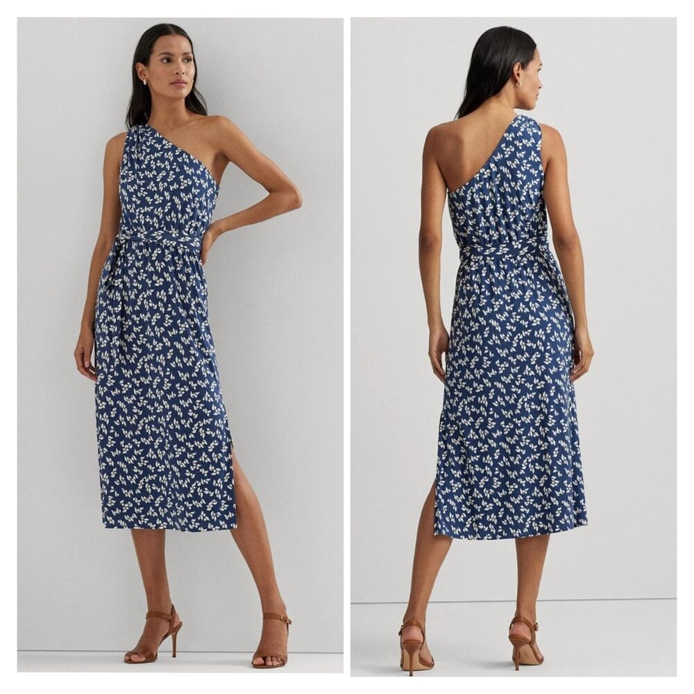 Lauren Ralph Women's Floral Belted Jersey One-Shoulder Dress Size 12